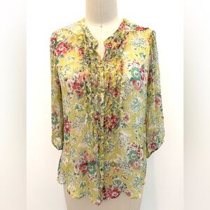 Zara Woman Silk Blouse Chartreuse Colorful Floral 3/4 Sleeve Ruffle Button-Up M